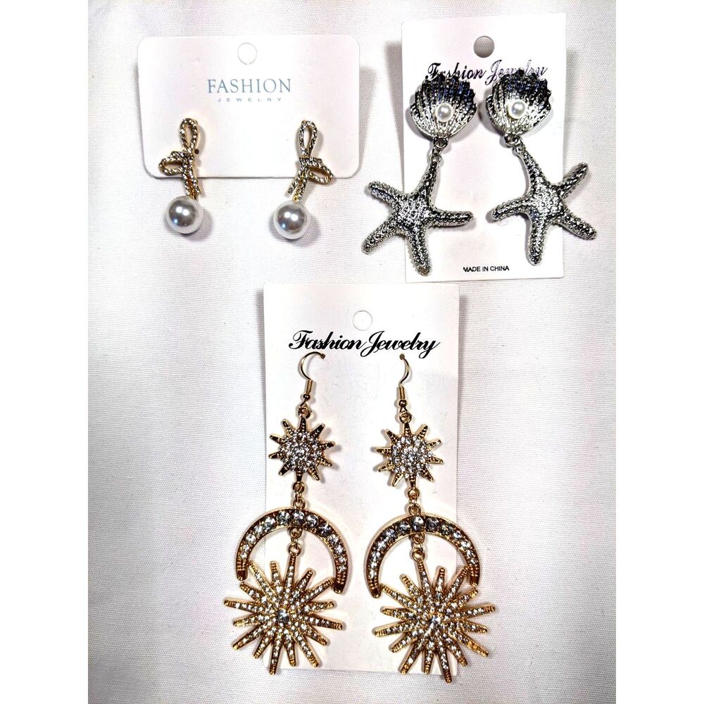 3 Pair Statement Earrings Large Bling Starfish Bows Celestial Fairy Mermaidcore